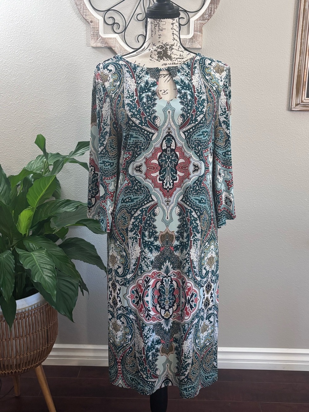 Chico’s Paisley Print Keyhole Midi Dress in Teal and Pink